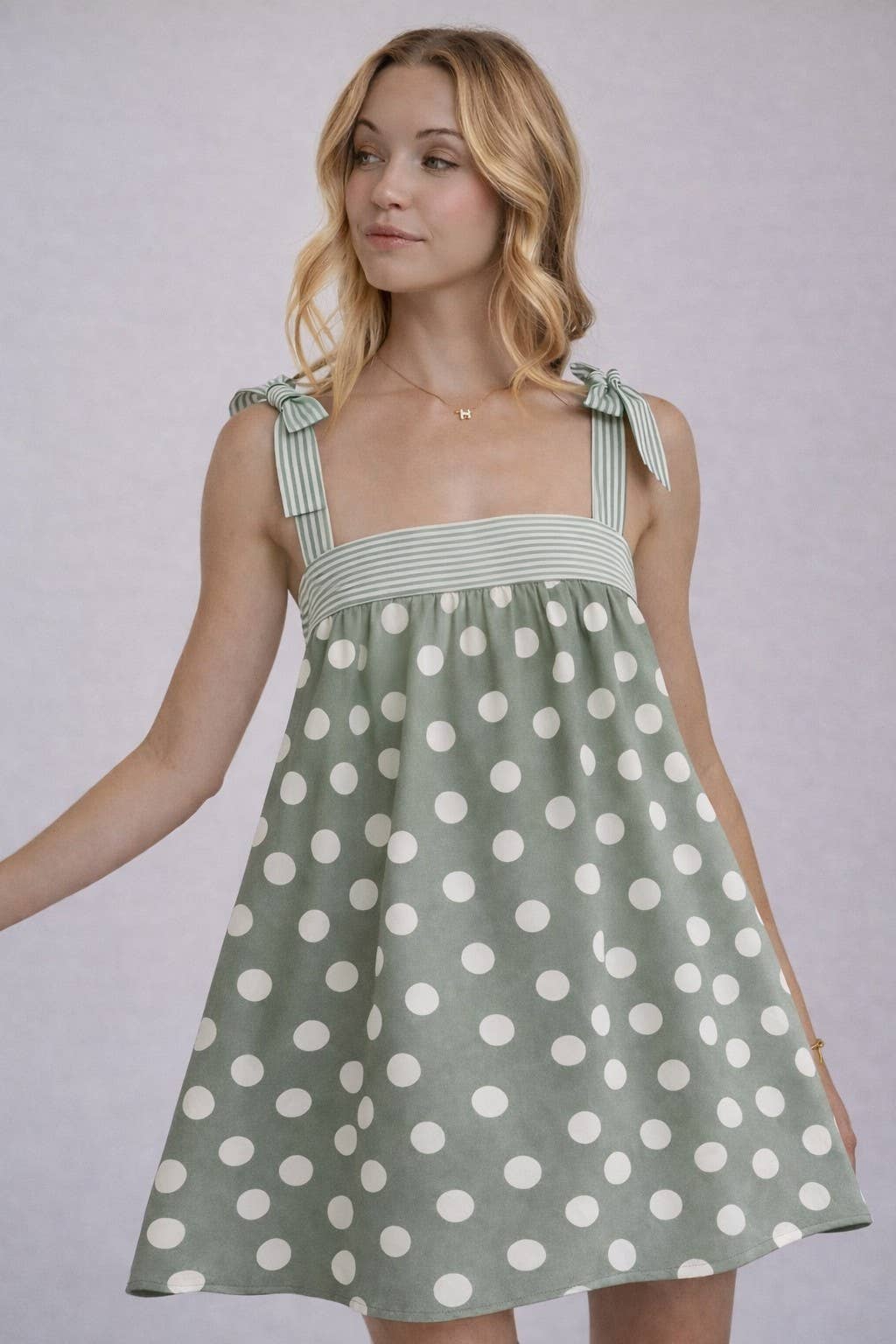 POLKA DOT BABYDOLL A LINE MINI DRESS WITH STRIPE BODICE