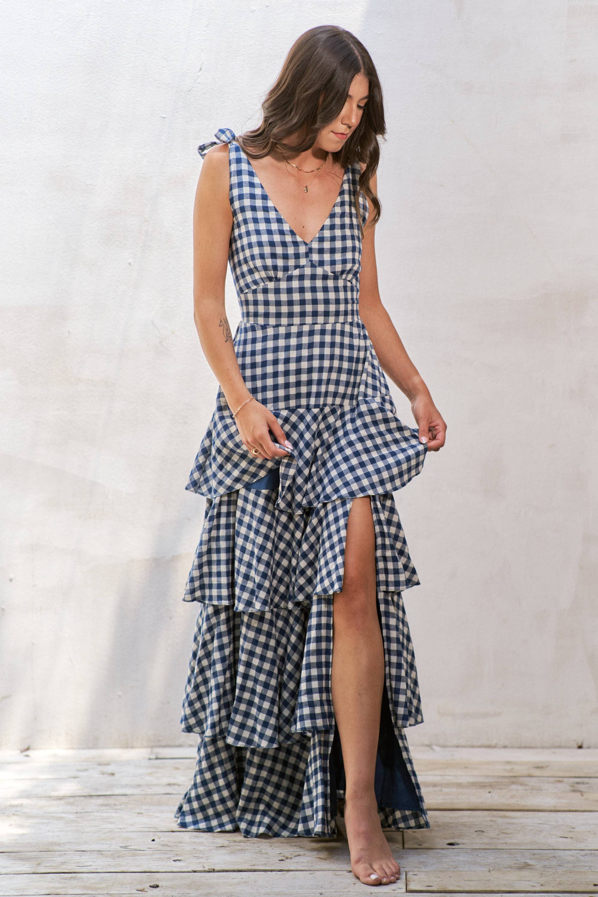 GINGHAM TIERED MAXI DRESS