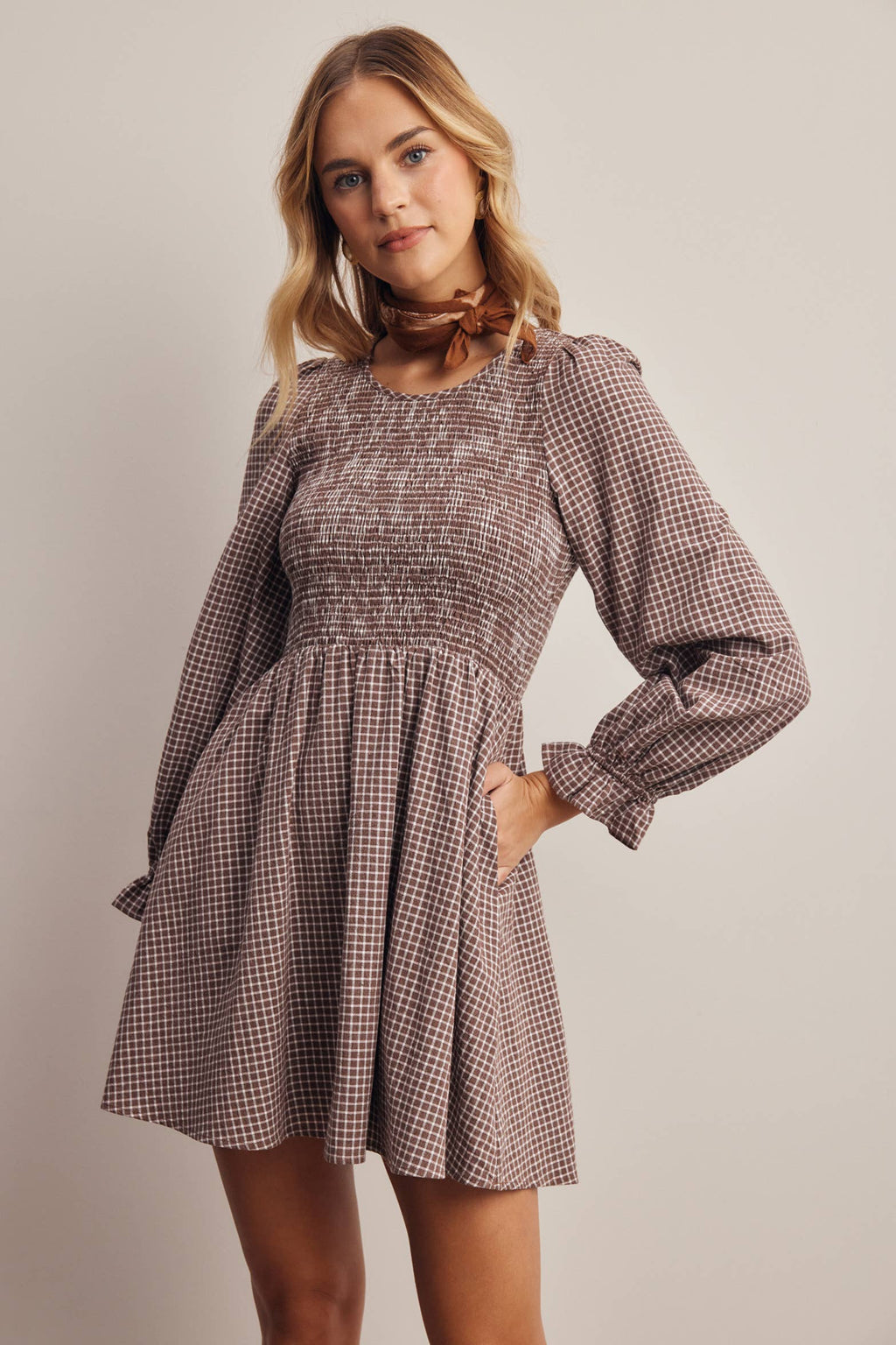Smocked Gingham Mini Dress FD0071