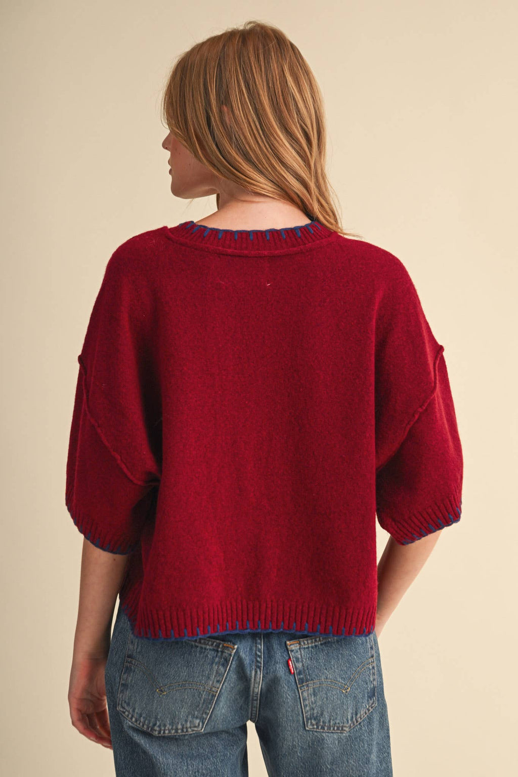 CONTRAST BLANKET STITCH MOCK NECK SHORT SLV SWEATER MSW11407