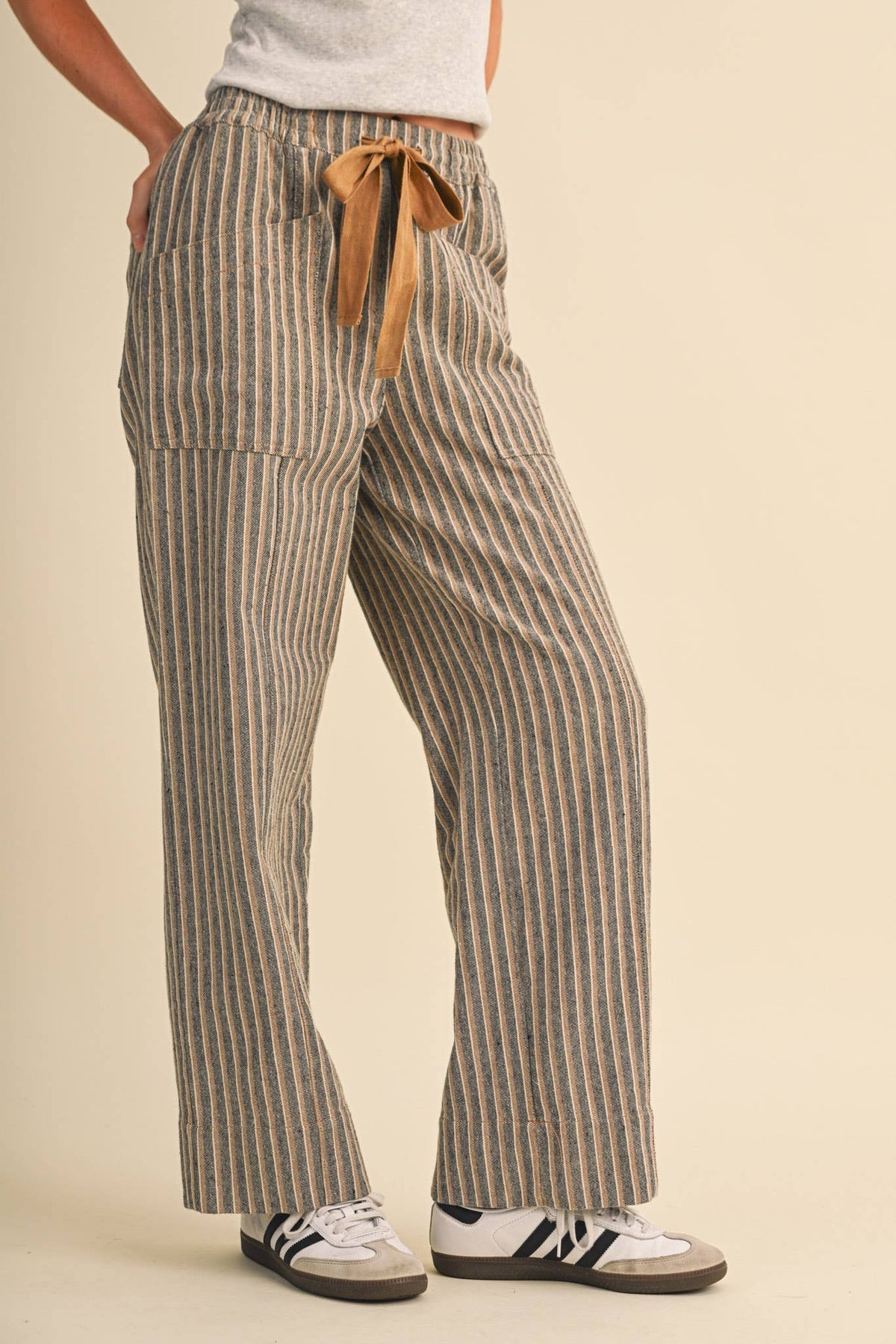 STRIPED WIDE LEG DRAWSTRING PANTS MP5300