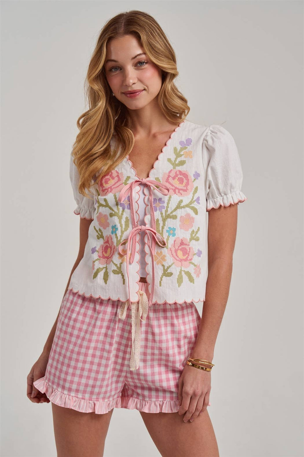 FLORAL EMBROIDERED TIE FRONT SHORT SLEEVE TEXTURED WOVEN TOP