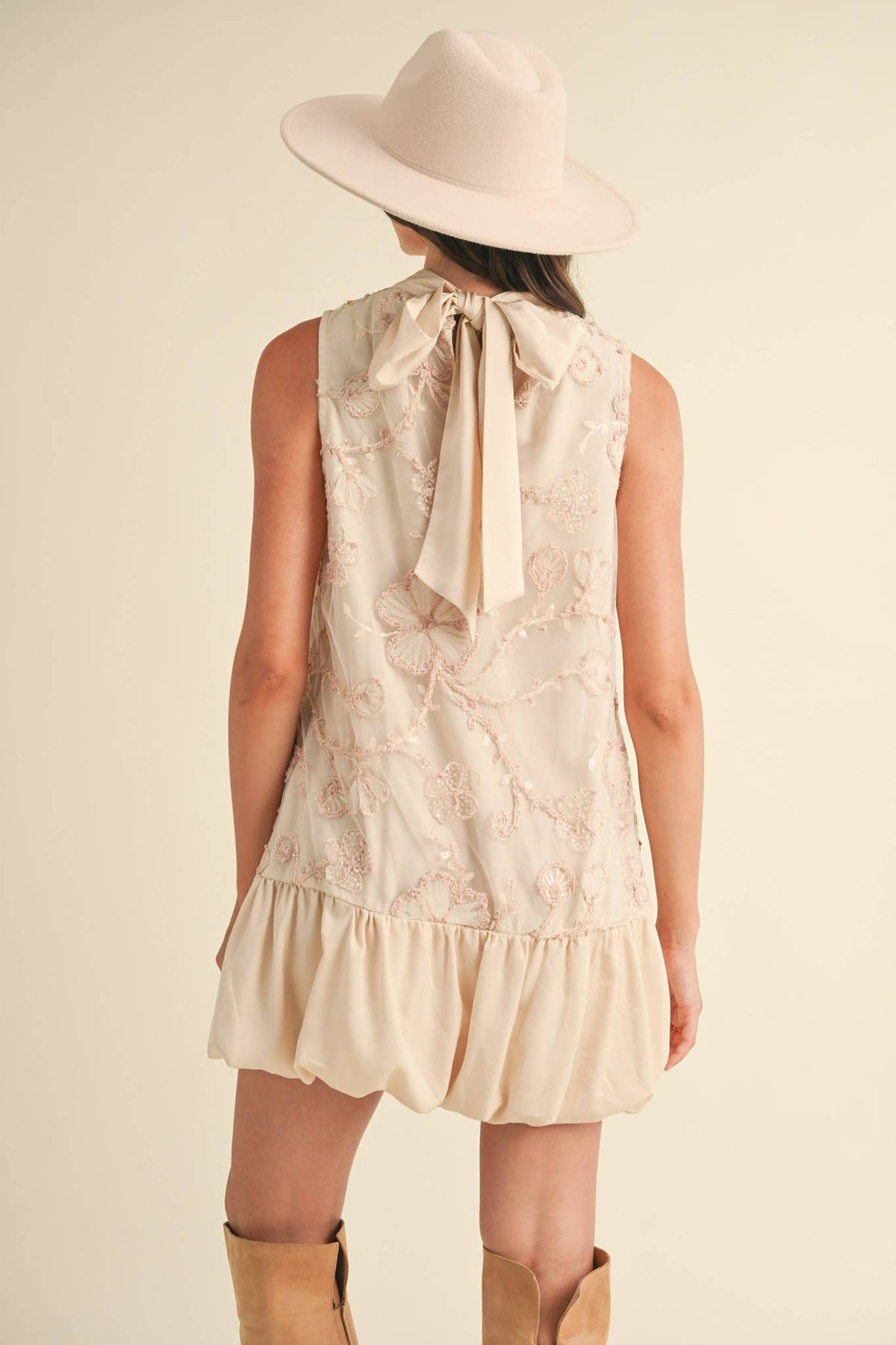 BUBBLE HEM EMBELLISHED MIXED MEDIA MINI DRESS MDR3691