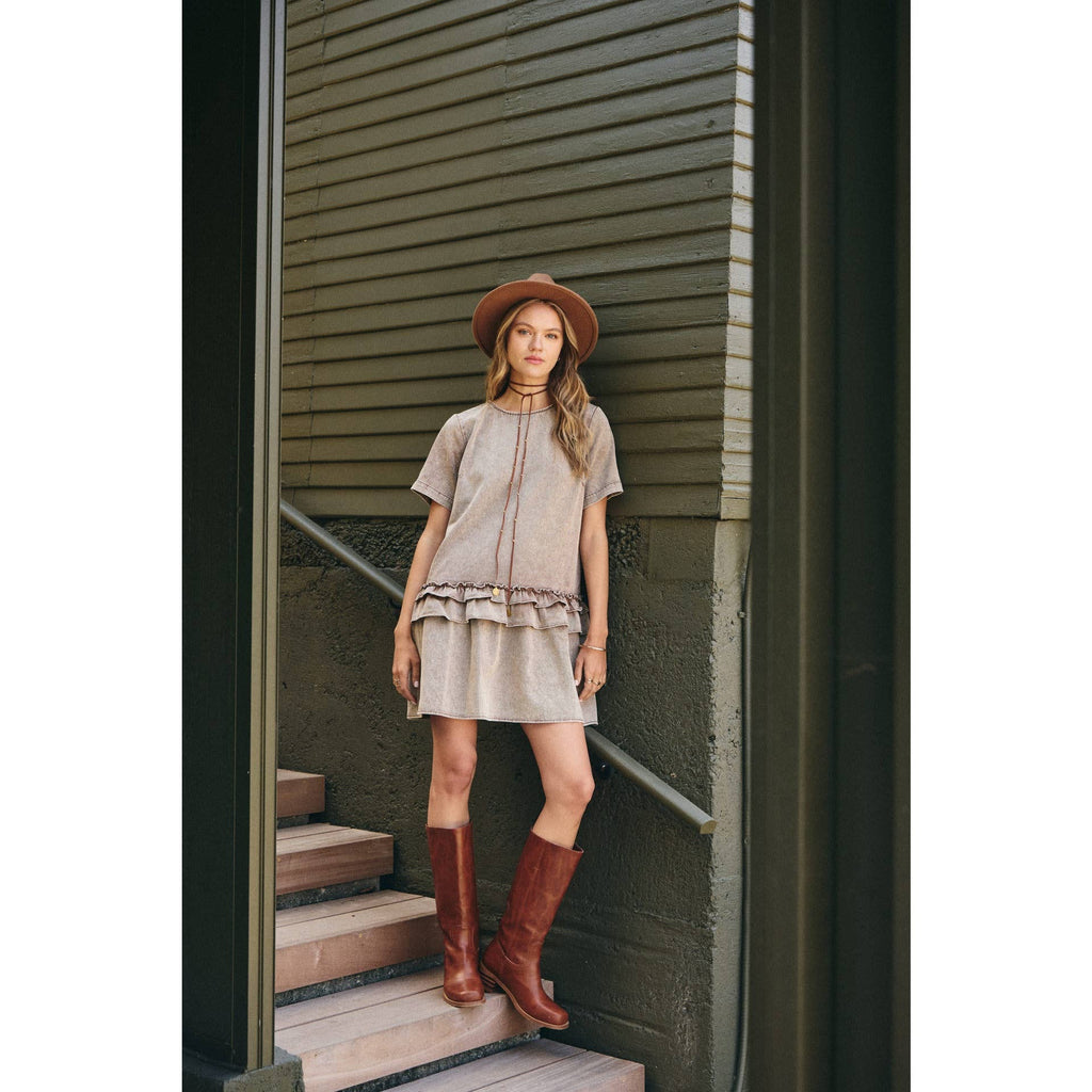DUSTY ROAD MINERAL-WASHED COTTON TWILL RUFFLED MINI DRESS