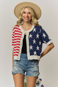 AMERICAN FLAG BUTTON FRONT KNIT SWEATER TOP- LESW4248