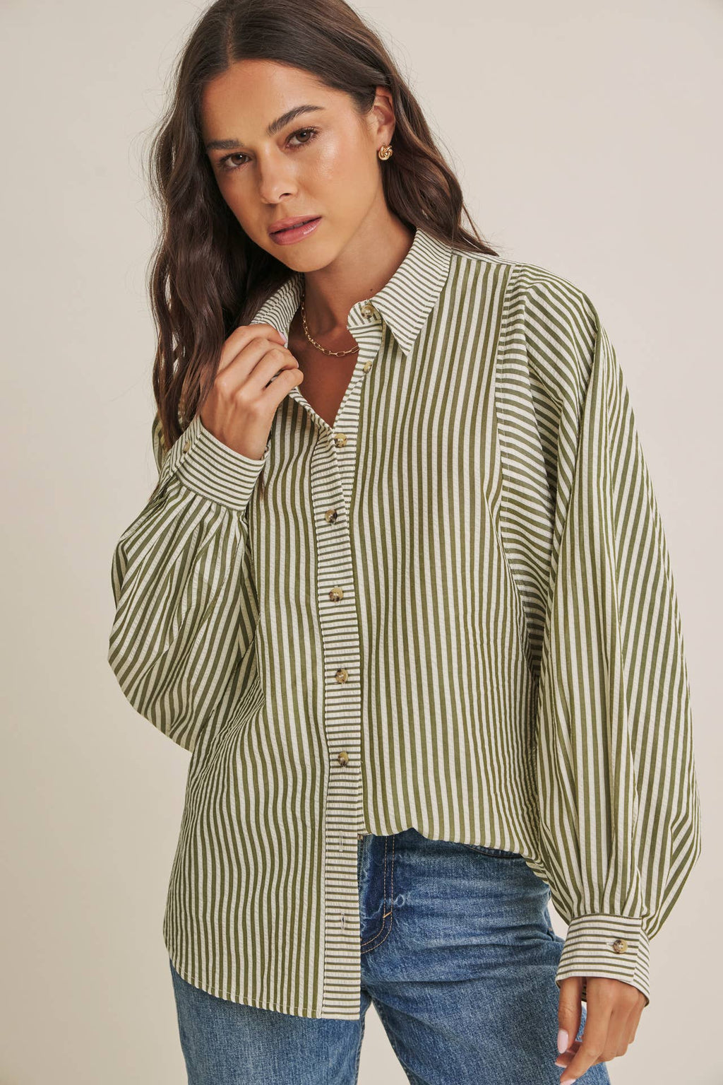 FRENCH CAFE MIXED STRIPE BATWING BUTTON-DOWN SHIRT