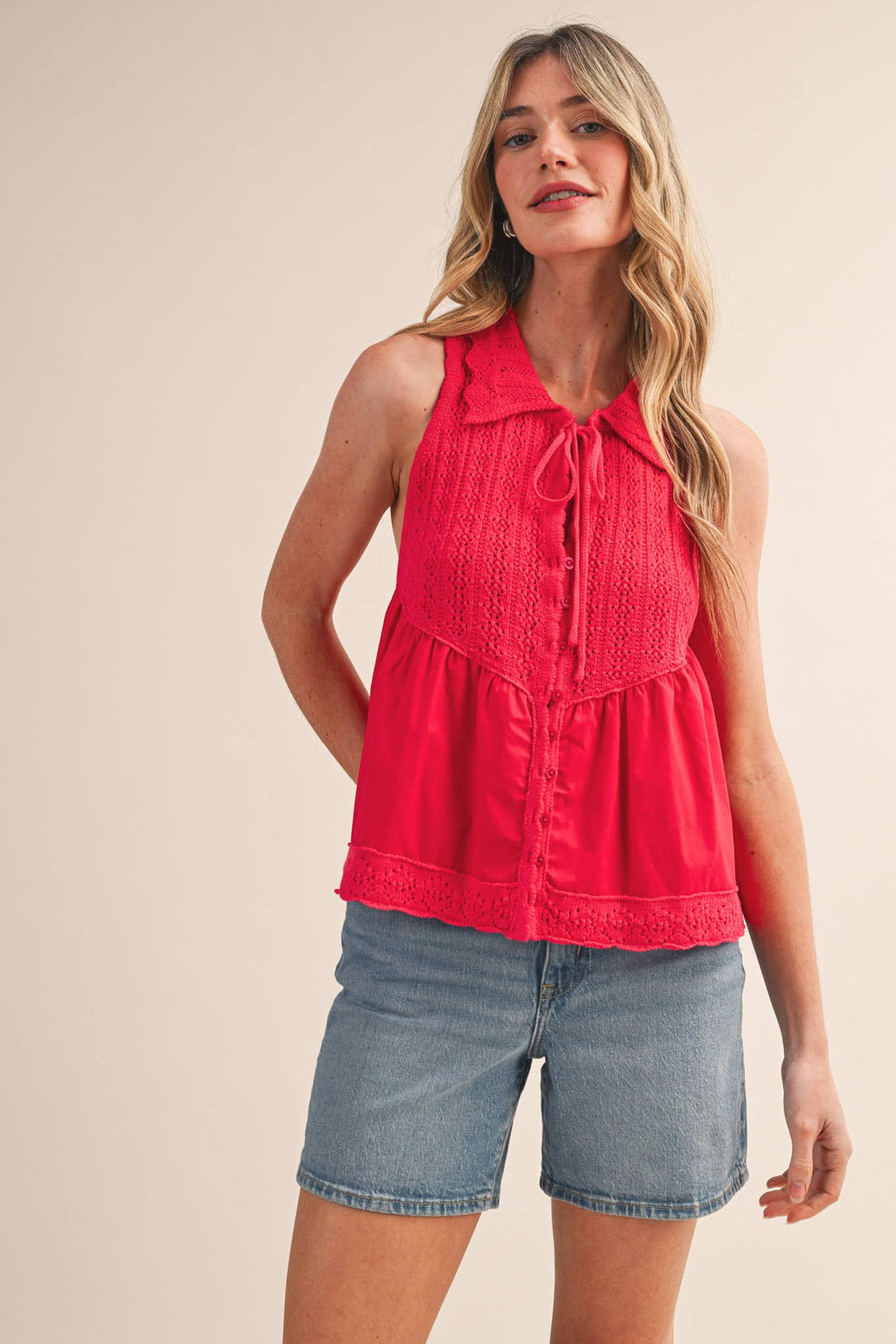MIXED MEDIA COLLARED BUTTON DOWN SWEATER TOP MSW11289