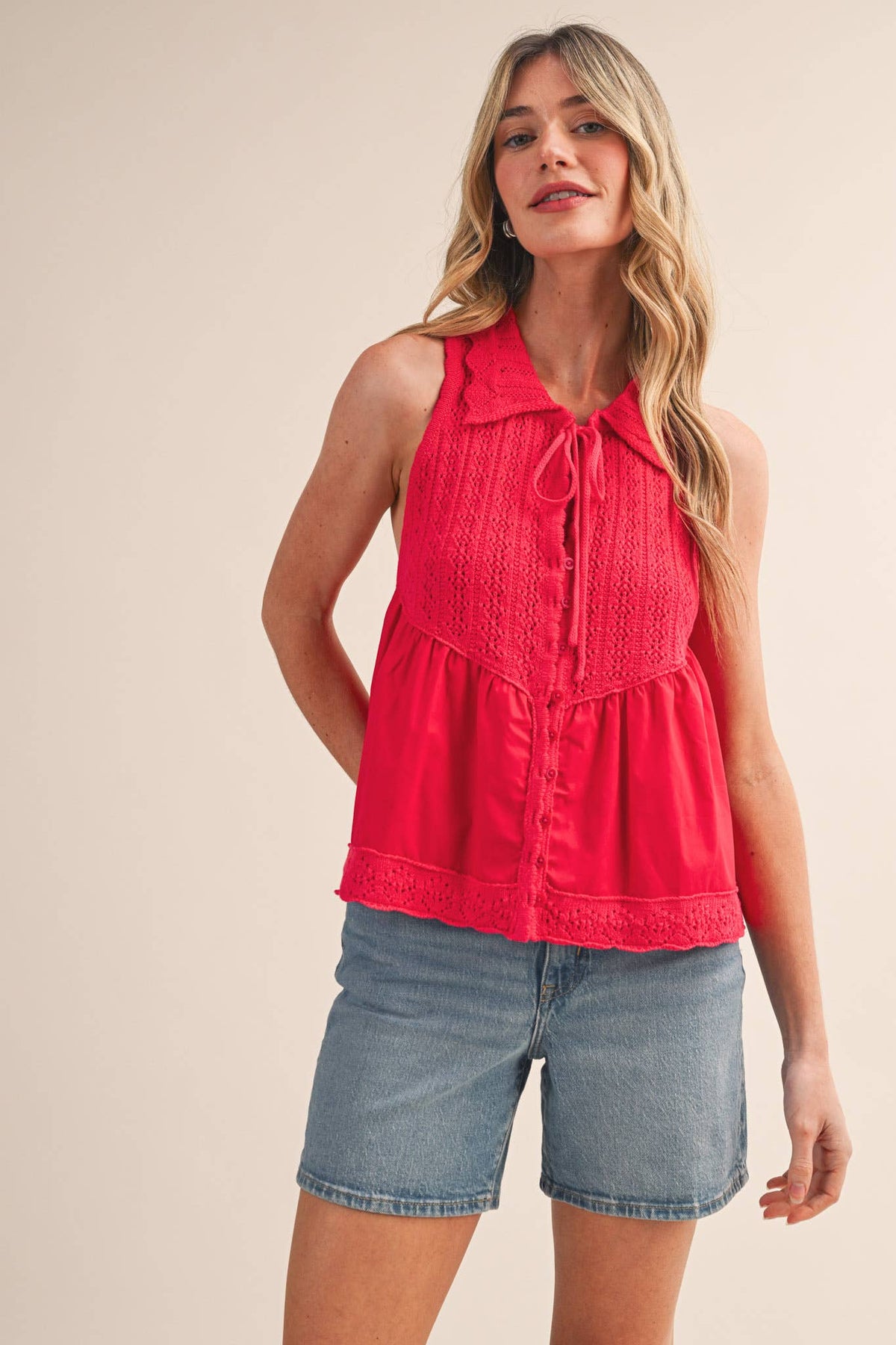 MIXED MEDIA COLLARED BUTTON DOWN SWEATER TOP MSW11289