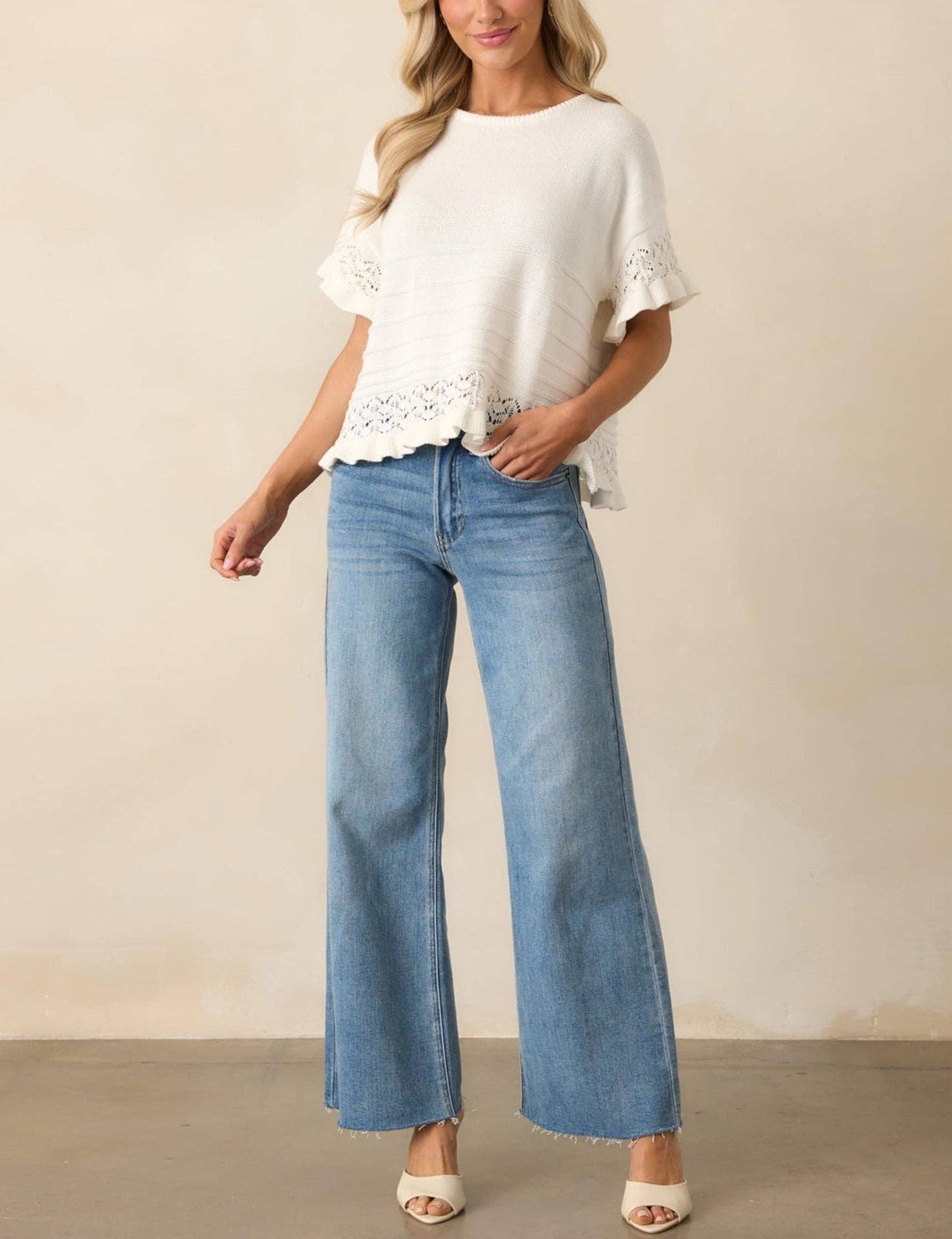 Boho Solid Knit Top Casual Eyelet Ruffle Sleeve