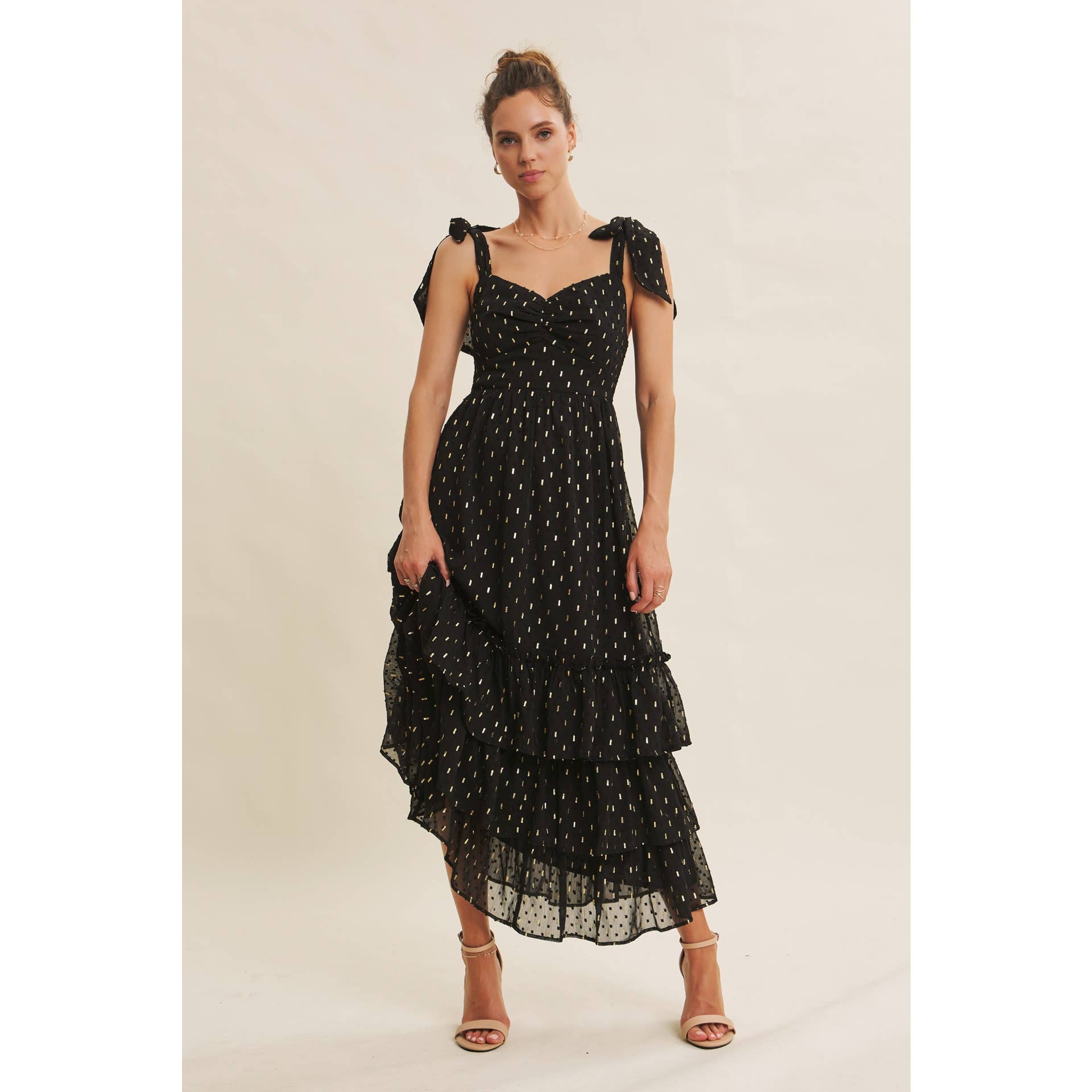 DESIGNED FOR MAGICAL MOMENT RUCHED FOIL SWISS DOT MAXI DRESS