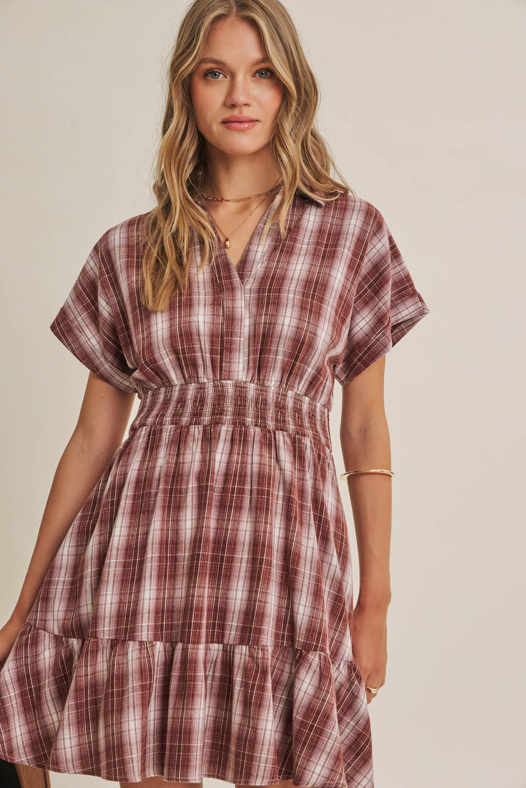 AUTUMN PICNIC DROP SHOULDER PLAID SMOCKED WAIST MINI DRESS