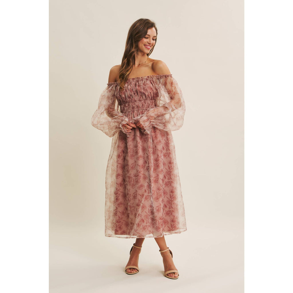 ETHEREAL GRACE FLORAL ORGANZA MIDI DRESS WITH ELASTIC WAIST
