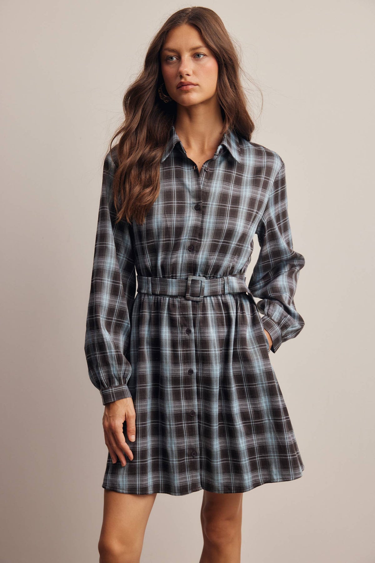 Belted Plaid Shirt Dress FD0063