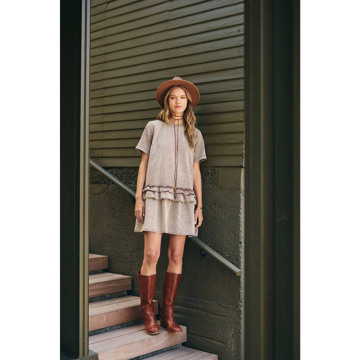 DUSTY ROAD MINERAL-WASHED COTTON TWILL RUFFLED MINI DRESS
