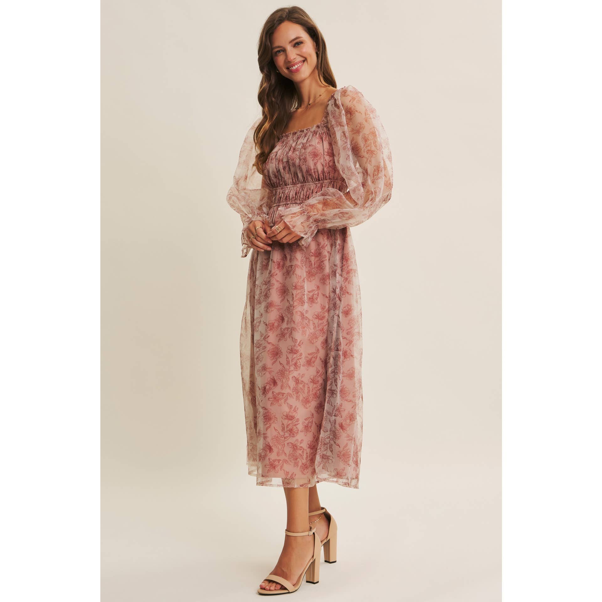 ETHEREAL GRACE FLORAL ORGANZA MIDI DRESS WITH ELASTIC WAIST