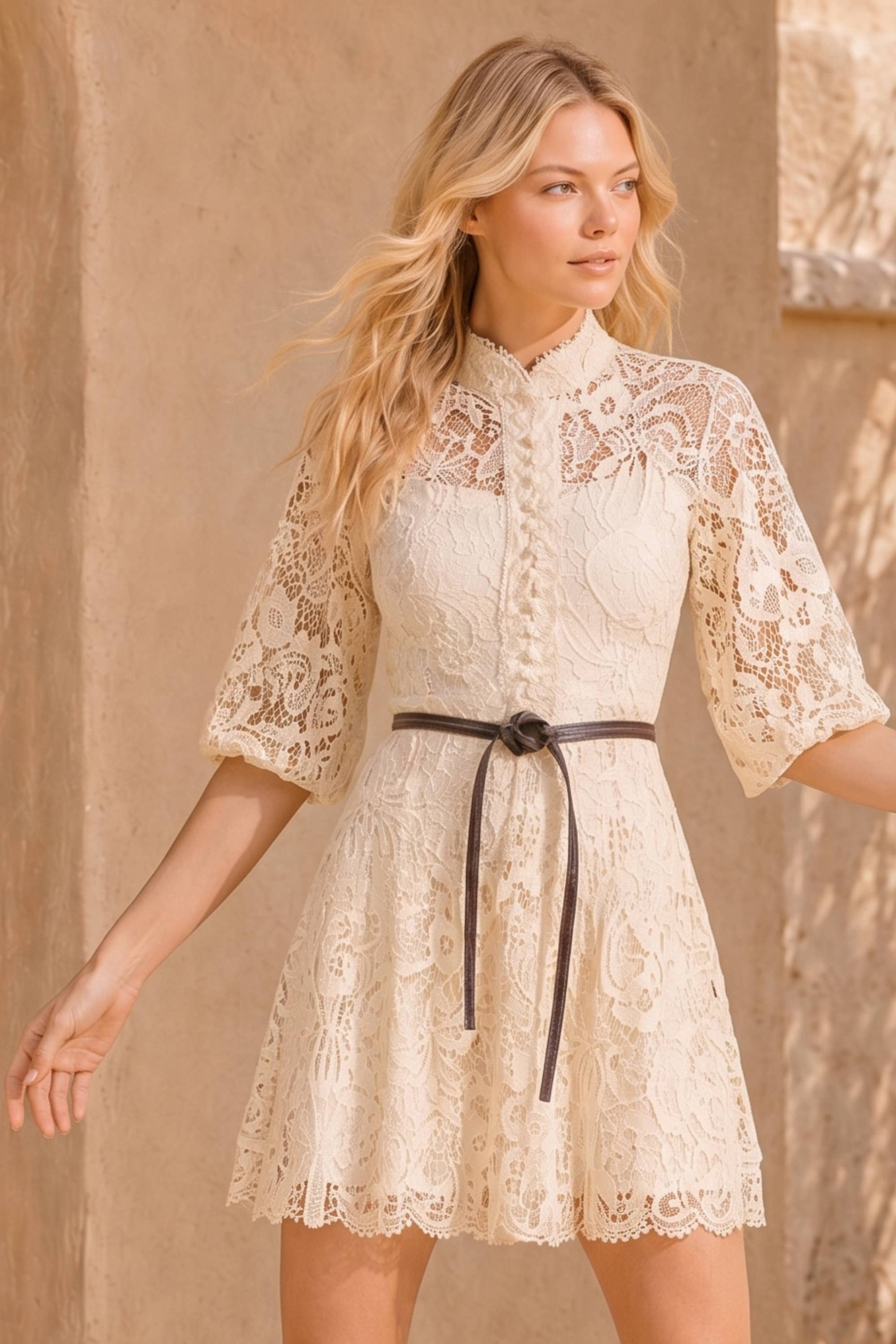 Mock Neck Collar Button Down Mini Lace Dress