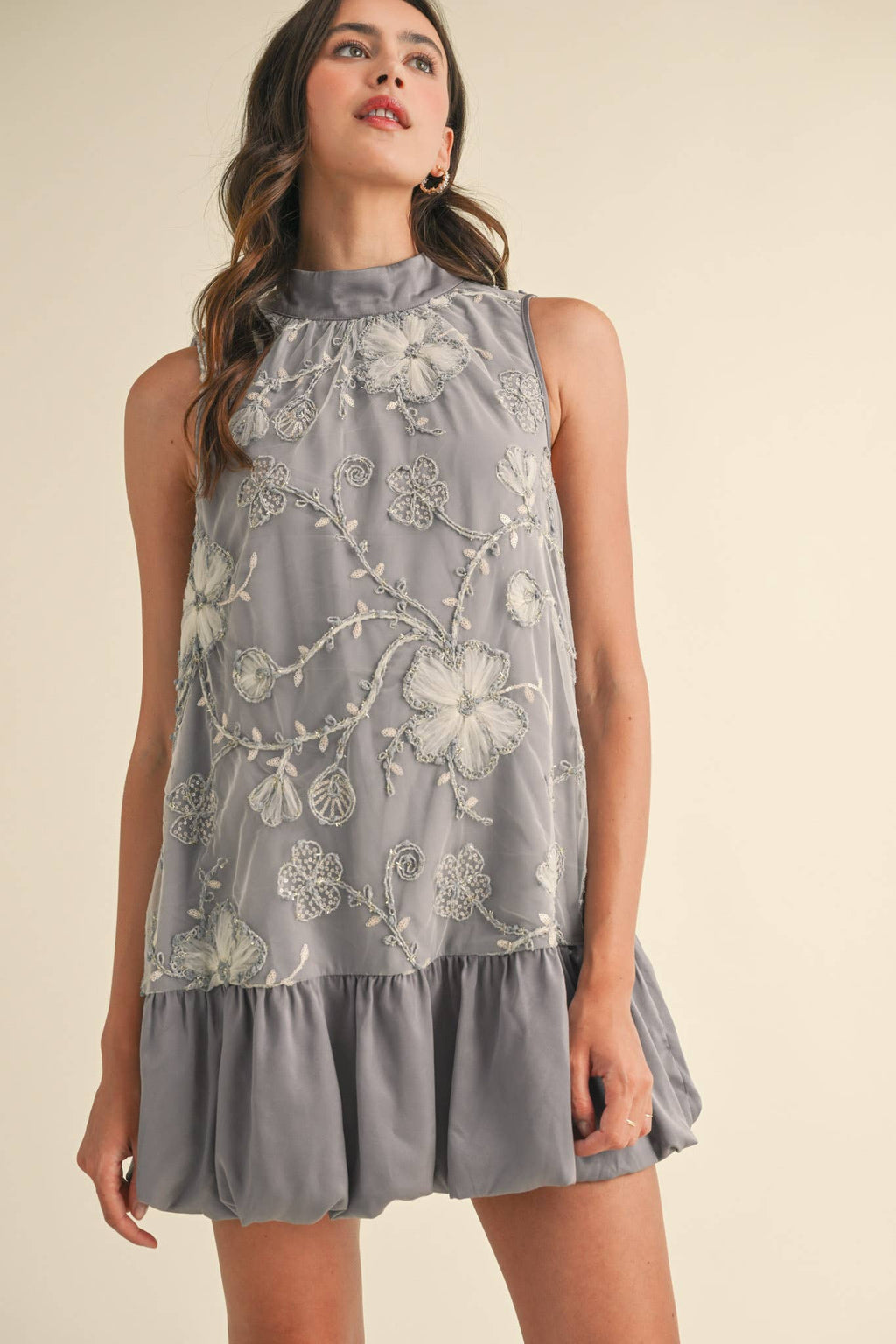 BUBBLE HEM EMBELLISHED MIXED MEDIA MINI DRESS MDR3691