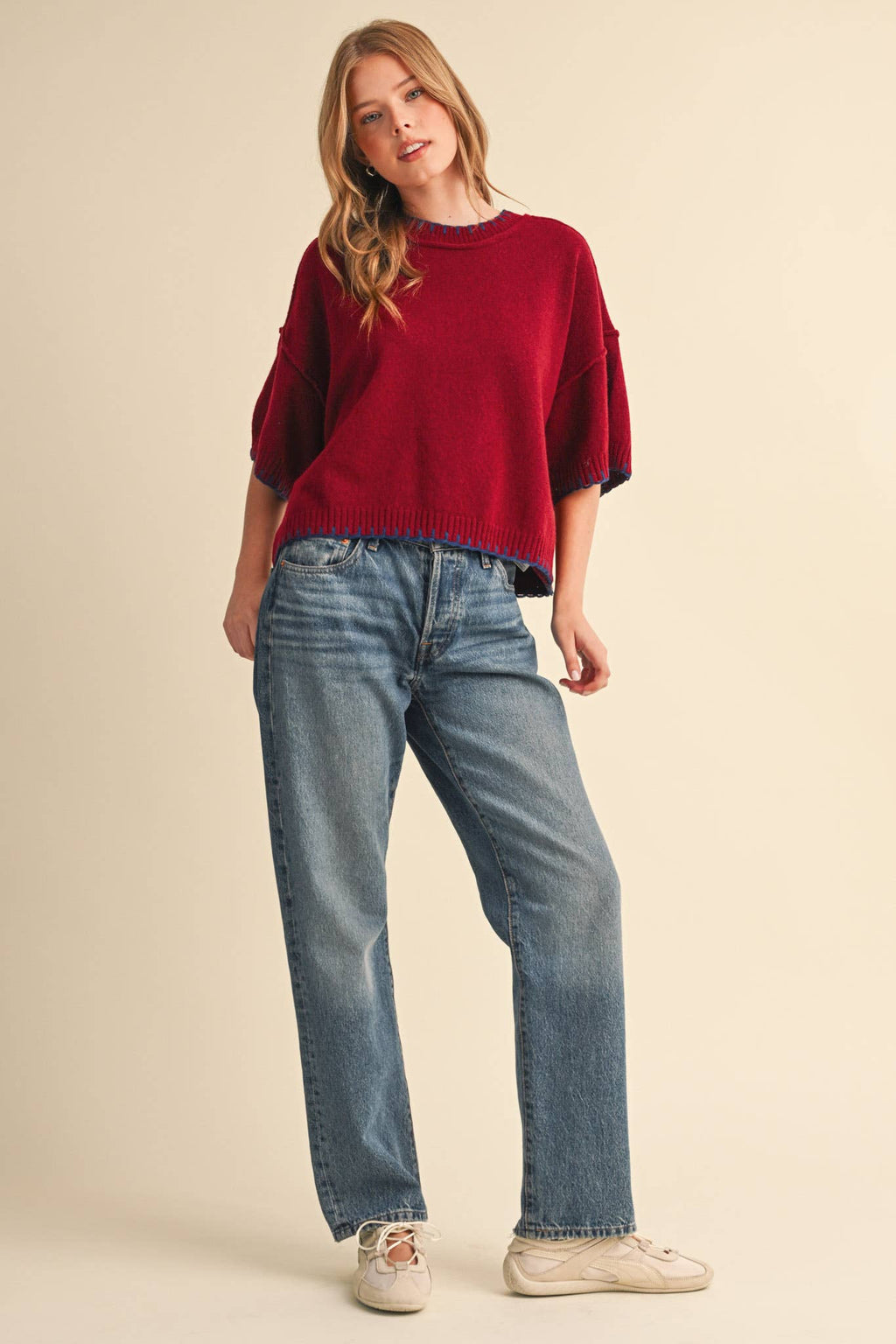 CONTRAST BLANKET STITCH MOCK NECK SHORT SLV SWEATER MSW11407