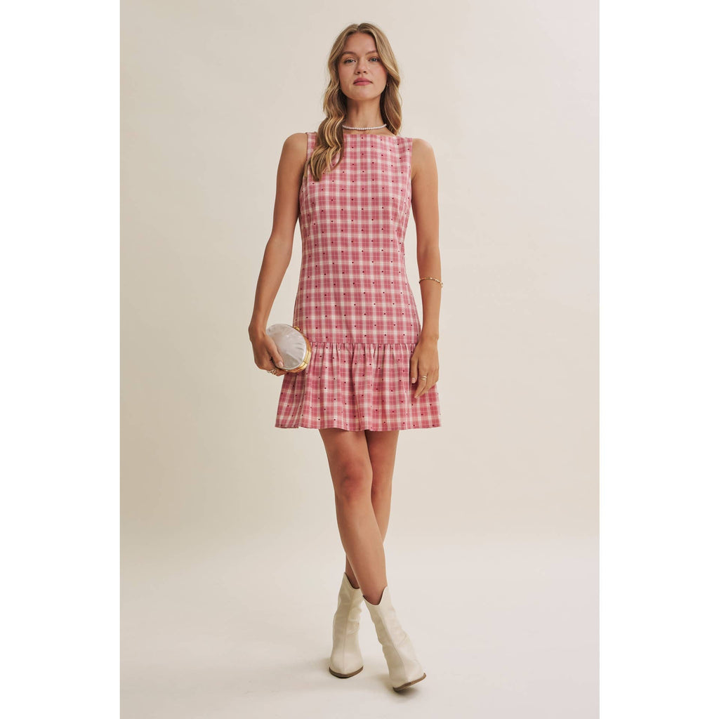 CHARMING FLOCKED PLAID TAILORED DROP WAIST MINI DRESS