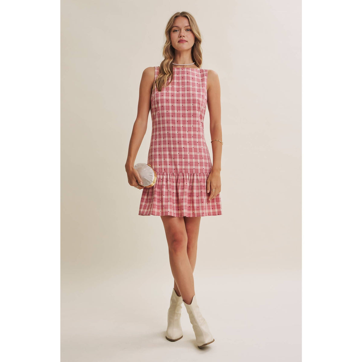 CHARMING FLOCKED PLAID TAILORED DROP WAIST MINI DRESS