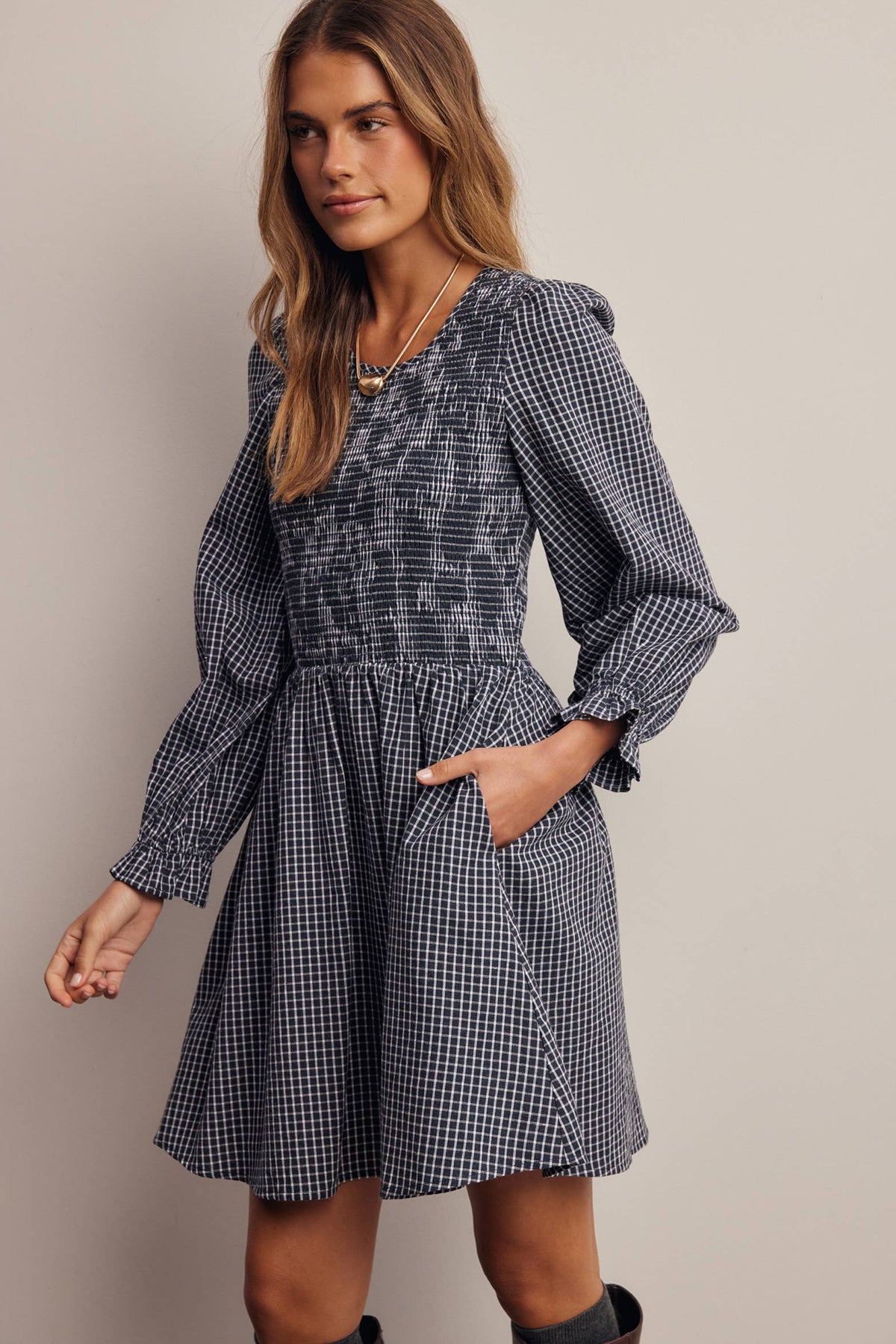 Smocked Gingham Mini Dress FD0071