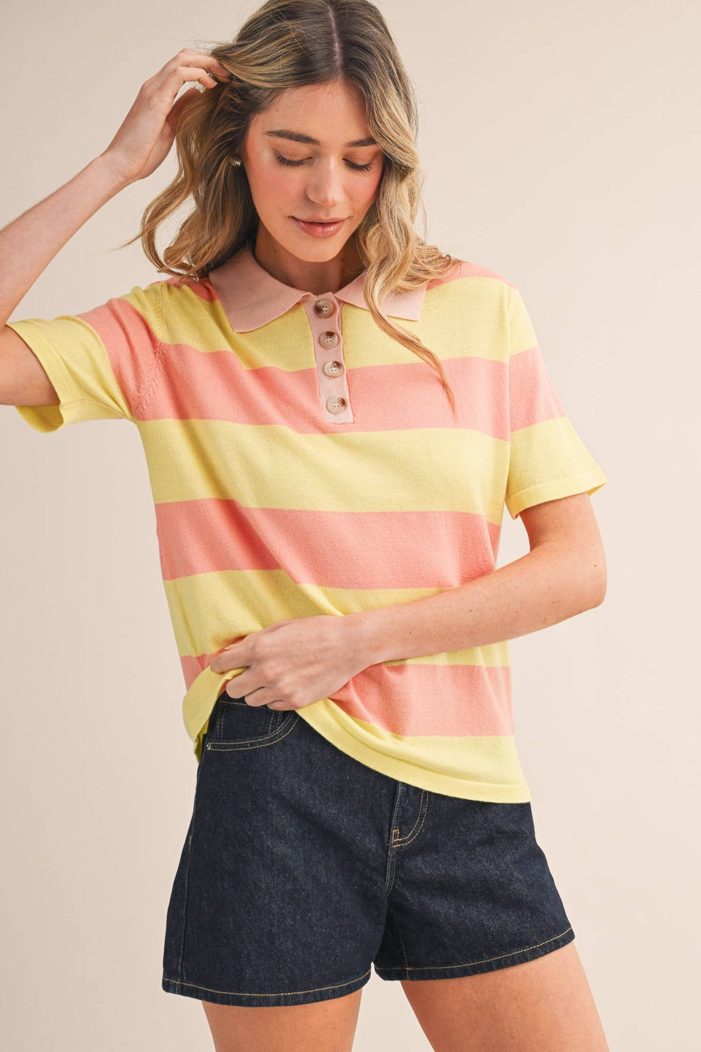 STRIPED SWEATER KNIT SHORT SLEEVE POLO MSW11339