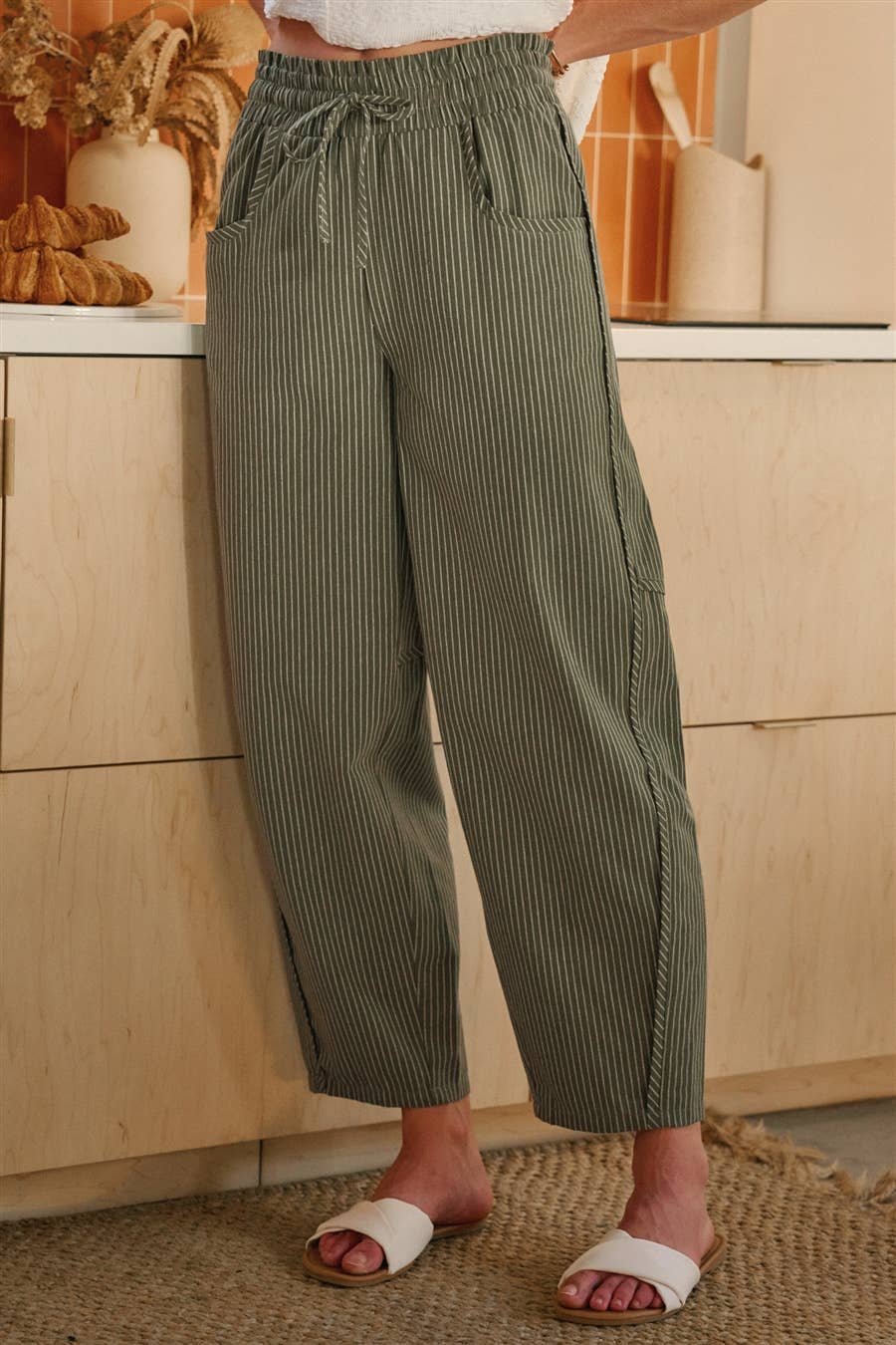 LINEN BLEND STRIPED CASUAL RELAXED PANTS WITH DRAWSTRING