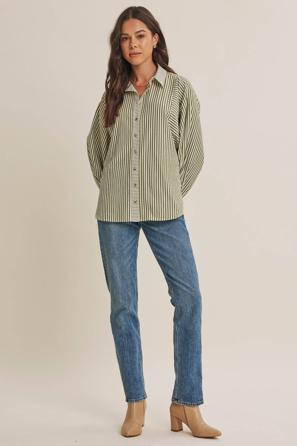 FRENCH CAFE MIXED STRIPE BATWING BUTTON-DOWN SHIRT