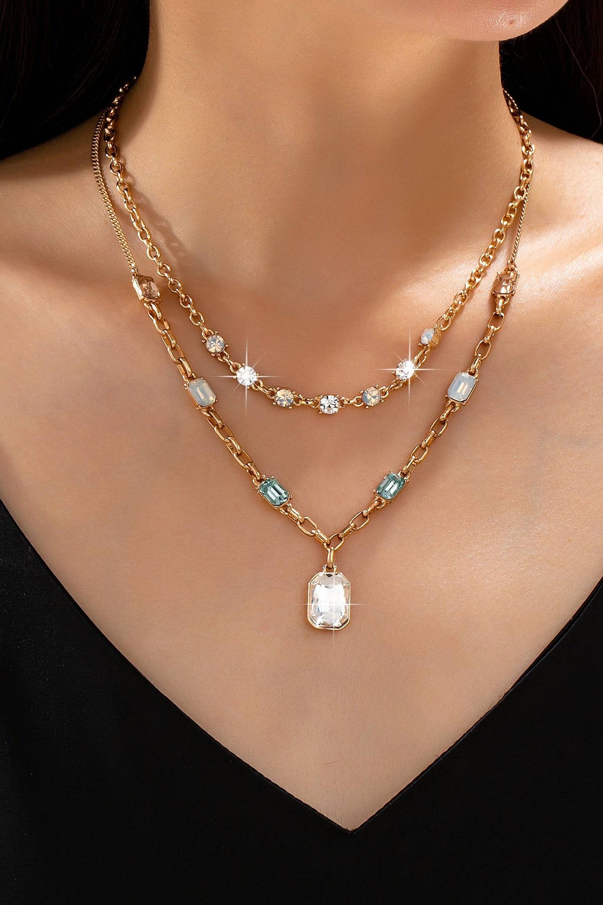 Pastel Layered Crystal Pendant Necklace Set | 80N93430