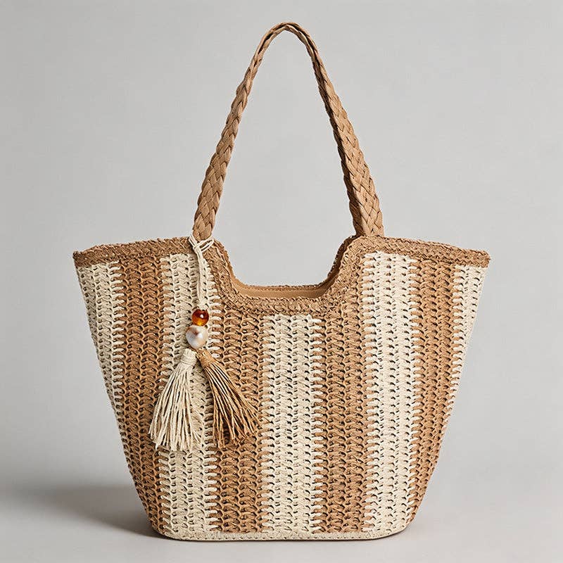 Summer Striped Straw Tote Bag