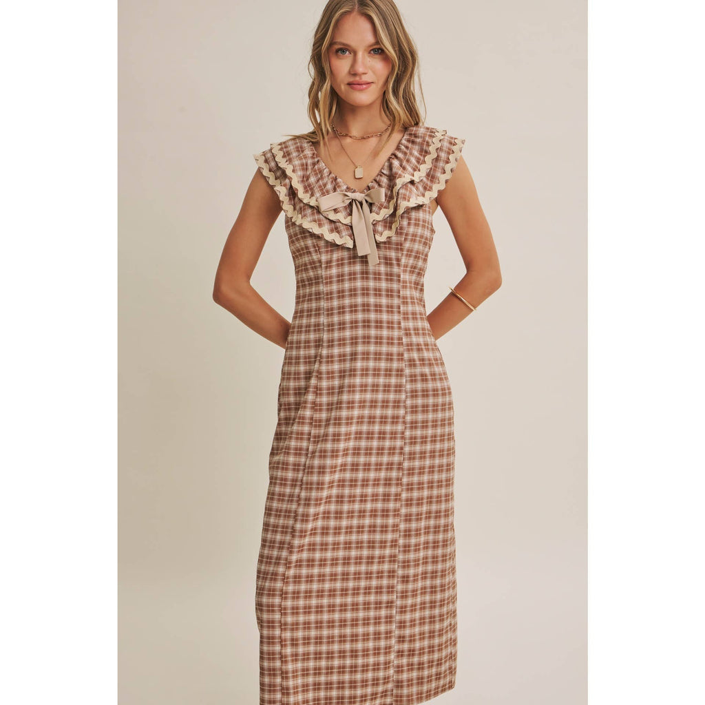 AUTUMN HARVEST RUFFLED PLAID BODY SKIMMING SLIT MIDI DRESS