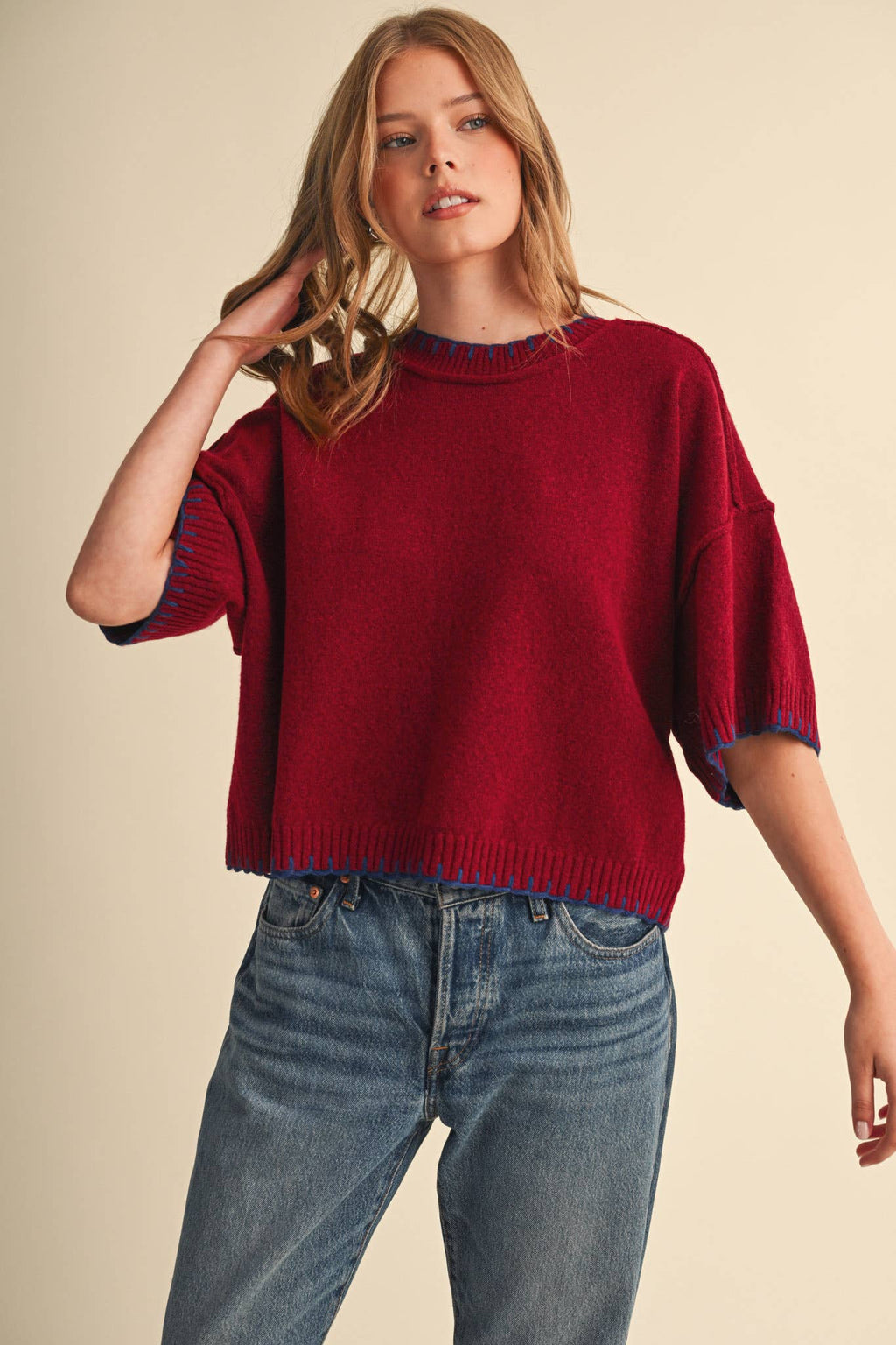 CONTRAST BLANKET STITCH MOCK NECK SHORT SLV SWEATER MSW11407