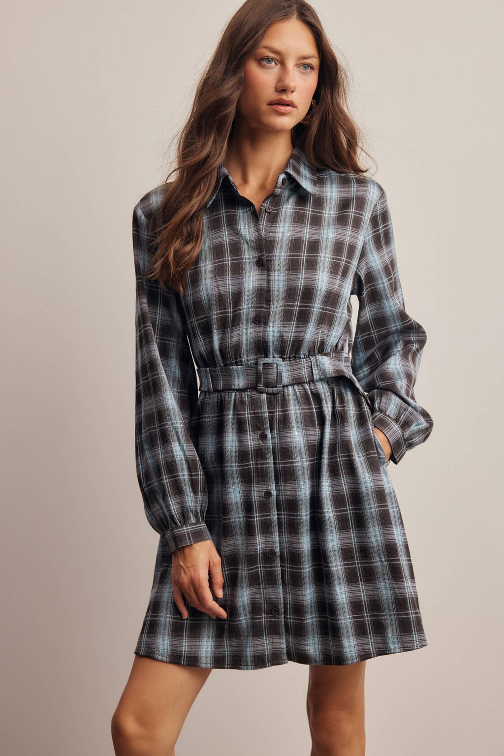 Belted Plaid Shirt Dress FD0063