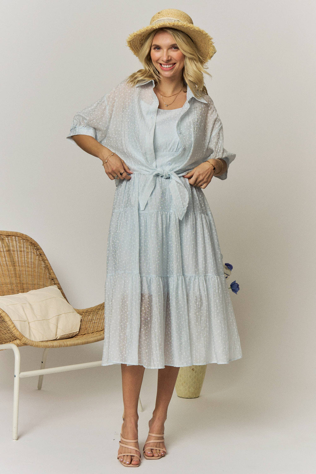 TEXTURED TIE-FRONT BLOUSE MIDI DRESS- LED4302