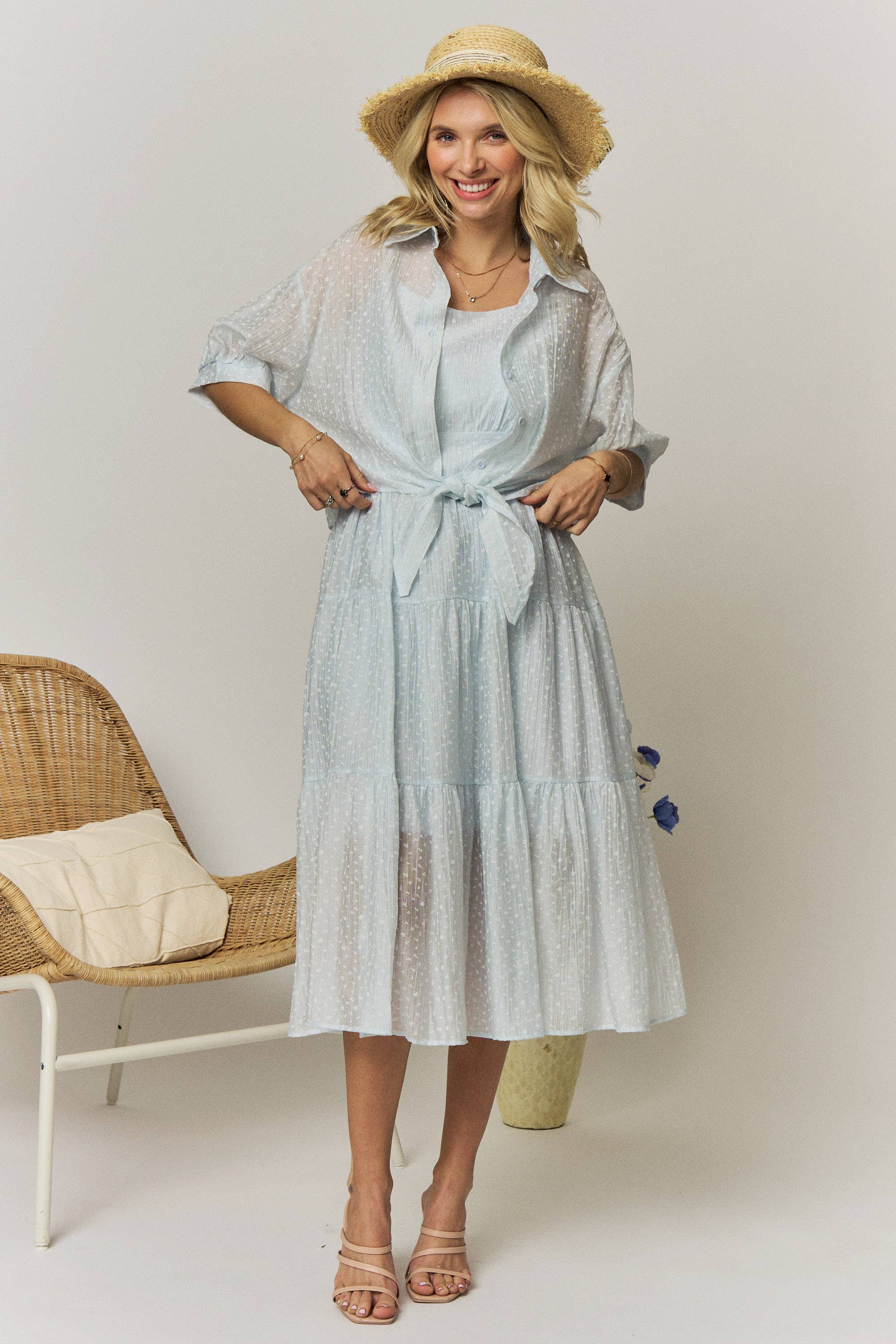 TEXTURED TIE-FRONT BLOUSE MIDI DRESS- LED4302