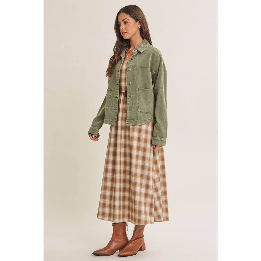 GOLDEN FIELD PLAID SMOCKED MIDI DRESS WITH CONTRAST BOW