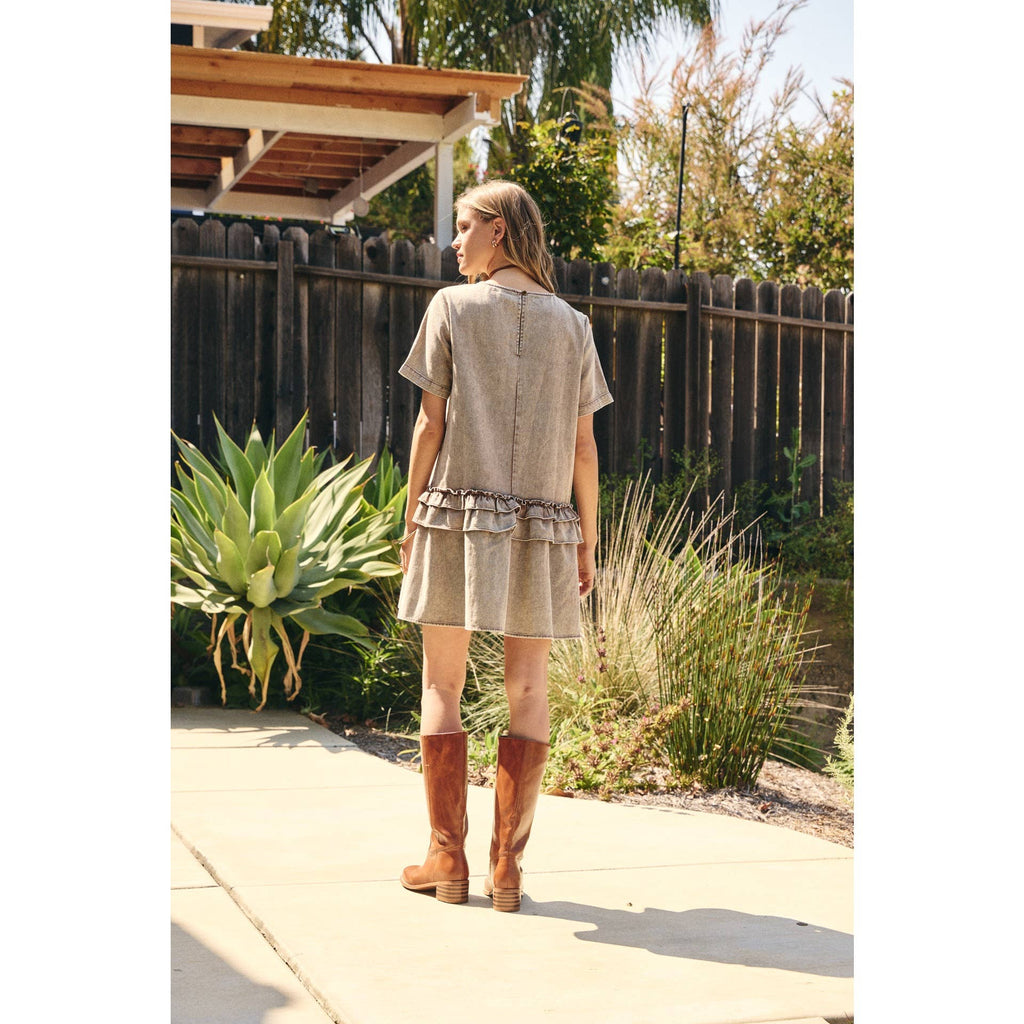 DUSTY ROAD MINERAL-WASHED COTTON TWILL RUFFLED MINI DRESS
