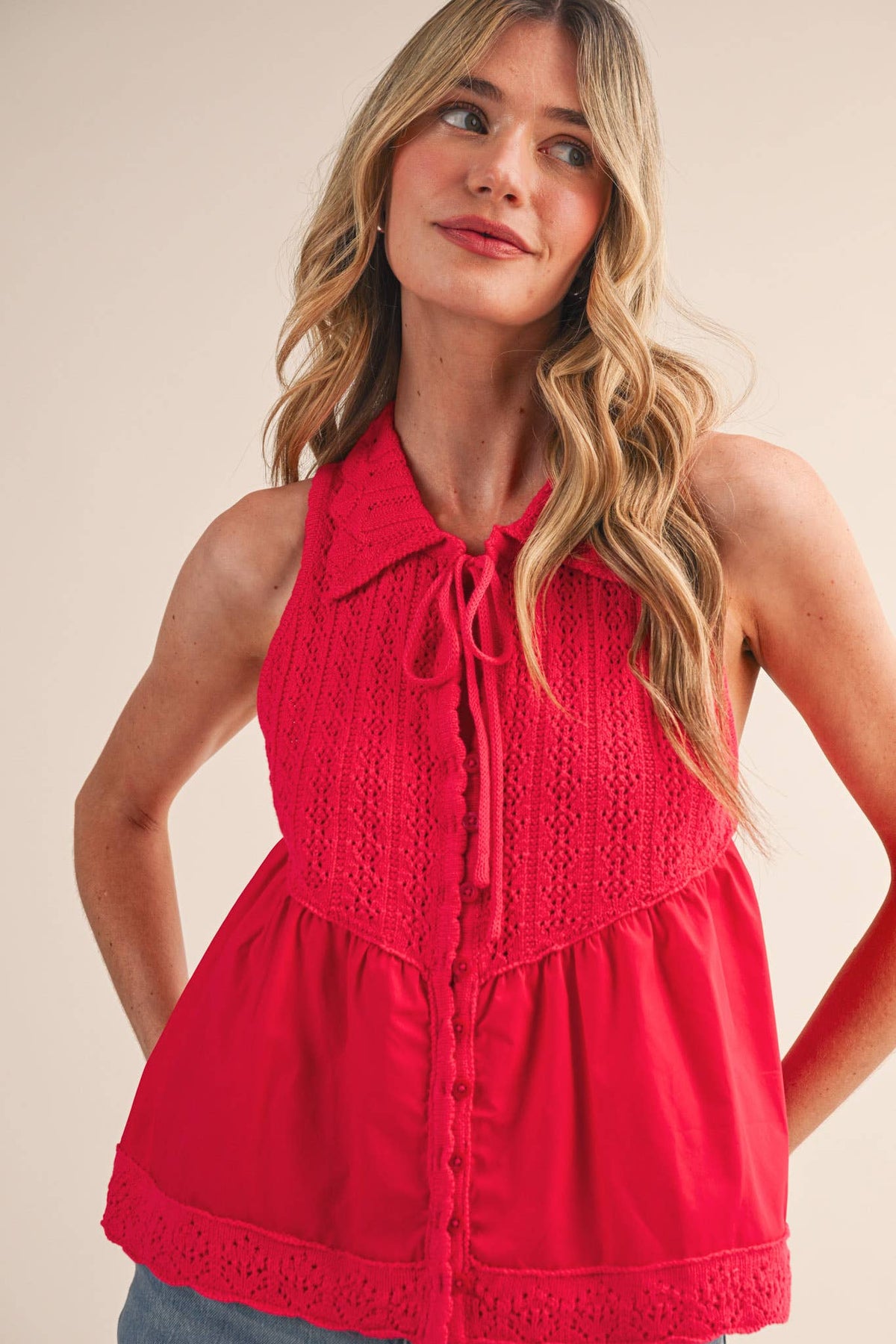 MIXED MEDIA COLLARED BUTTON DOWN SWEATER TOP MSW11289