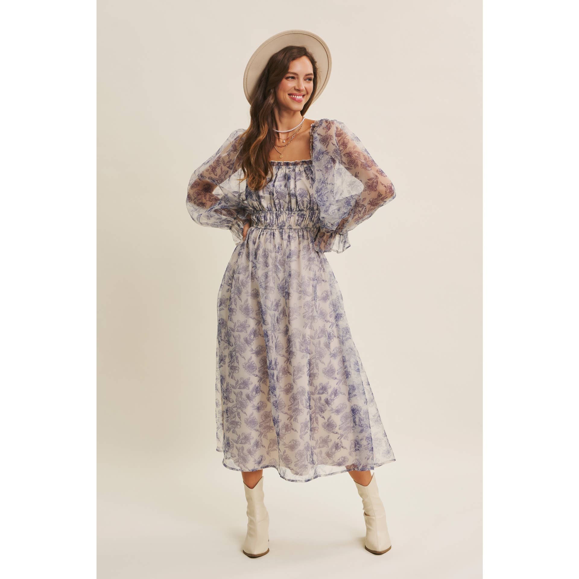 ETHEREAL GRACE FLORAL ORGANZA MIDI DRESS WITH ELASTIC WAIST