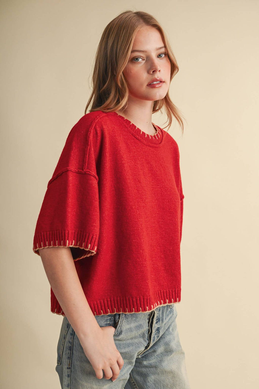 CONTRAST BLANKET STITCH MOCK NECK SHORT SLV SWEATER MSW11407