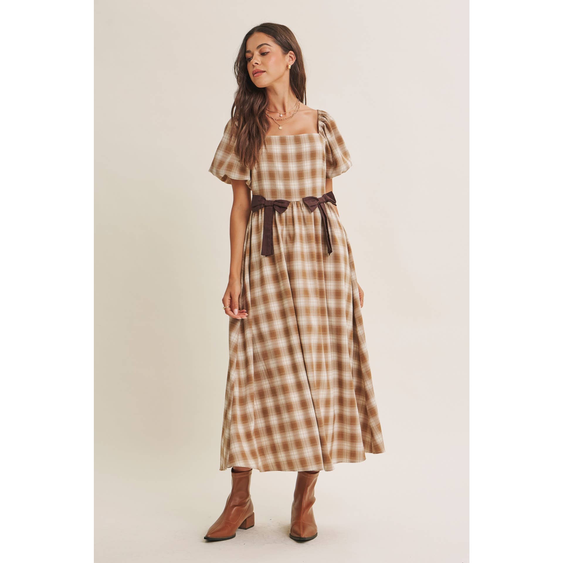 GOLDEN FIELD PLAID SMOCKED MIDI DRESS WITH CONTRAST BOW