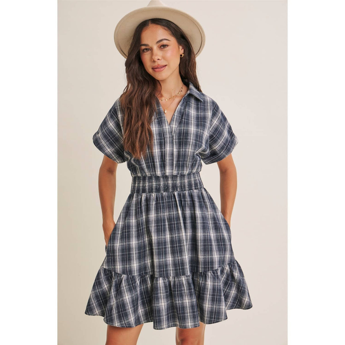 AUTUMN PICNIC DROP SHOULDER PLAID SMOCKED WAIST MINI DRESS