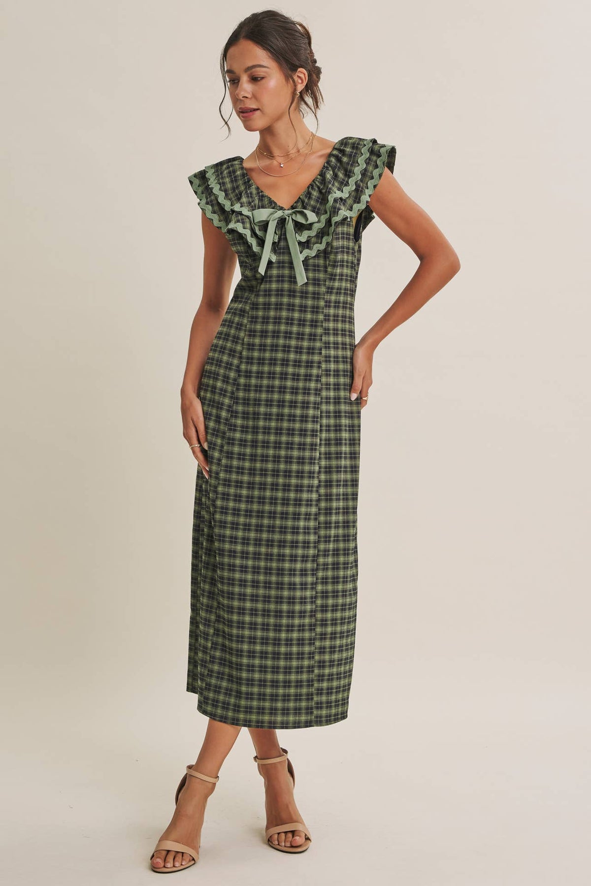 AUTUMN HARVEST RUFFLED PLAID BODY SKIMMING SLIT MIDI DRESS