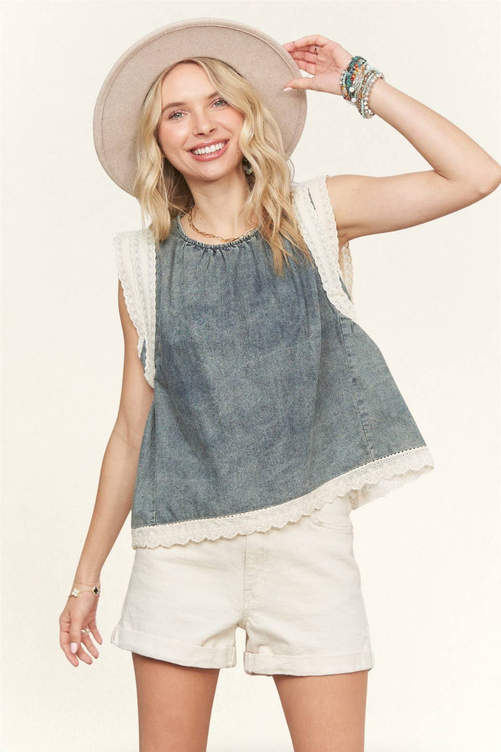 DENIM BLOUSE WITH LACE TRIM- LET3981