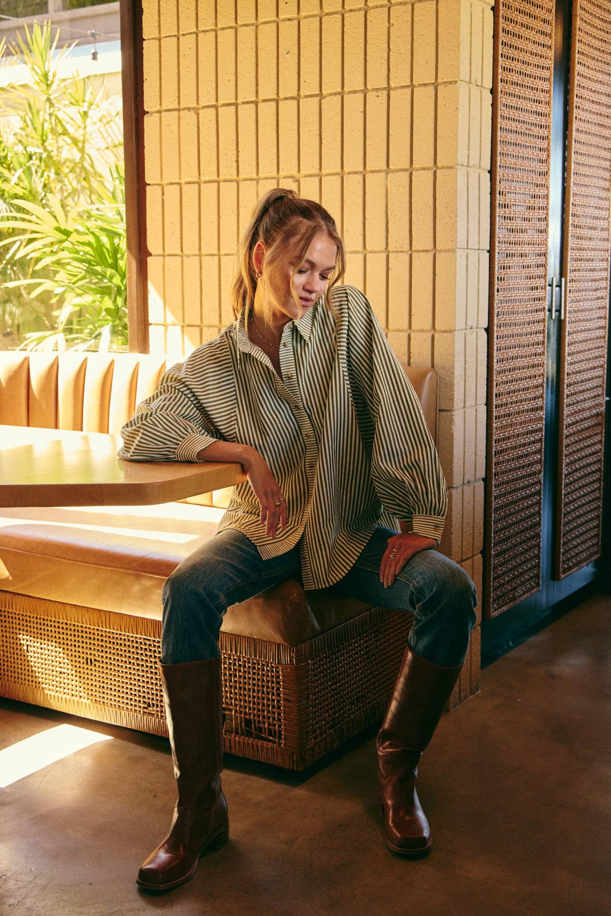 FRENCH CAFE MIXED STRIPE BATWING BUTTON-DOWN SHIRT