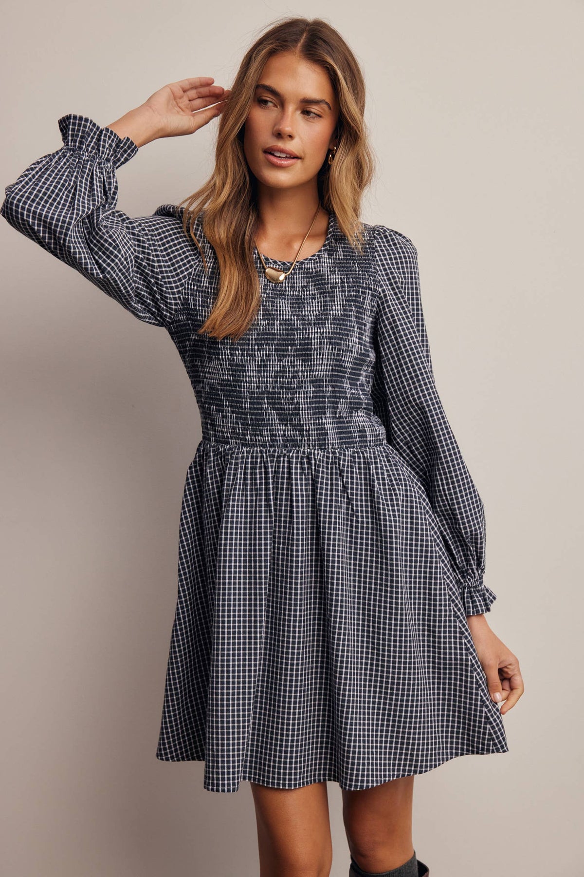 Smocked Gingham Mini Dress FD0071