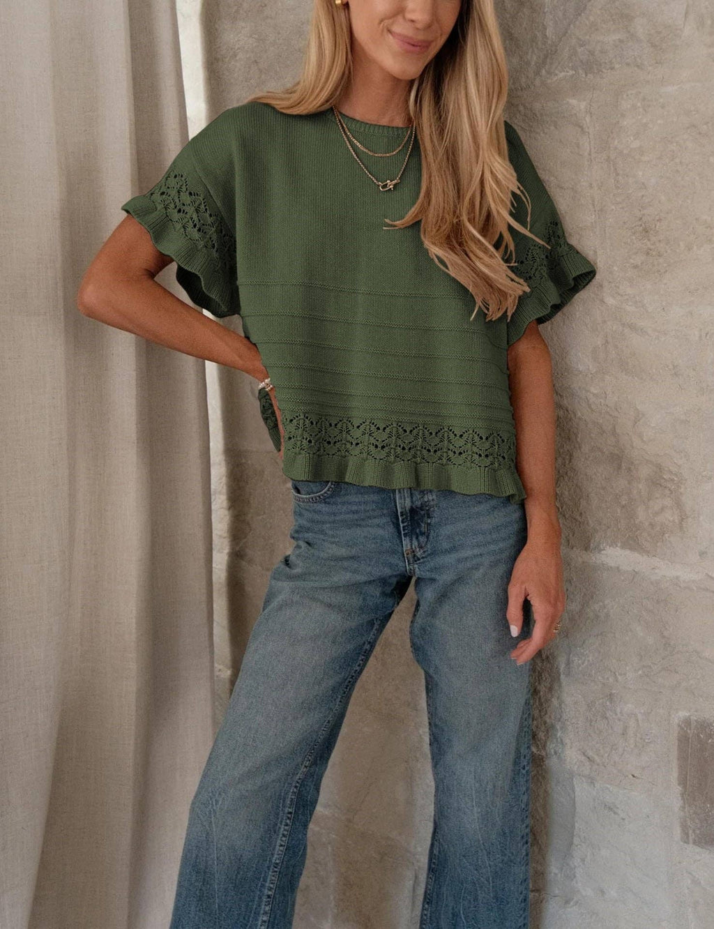 Boho Solid Knit Top Casual Eyelet Ruffle Sleeve