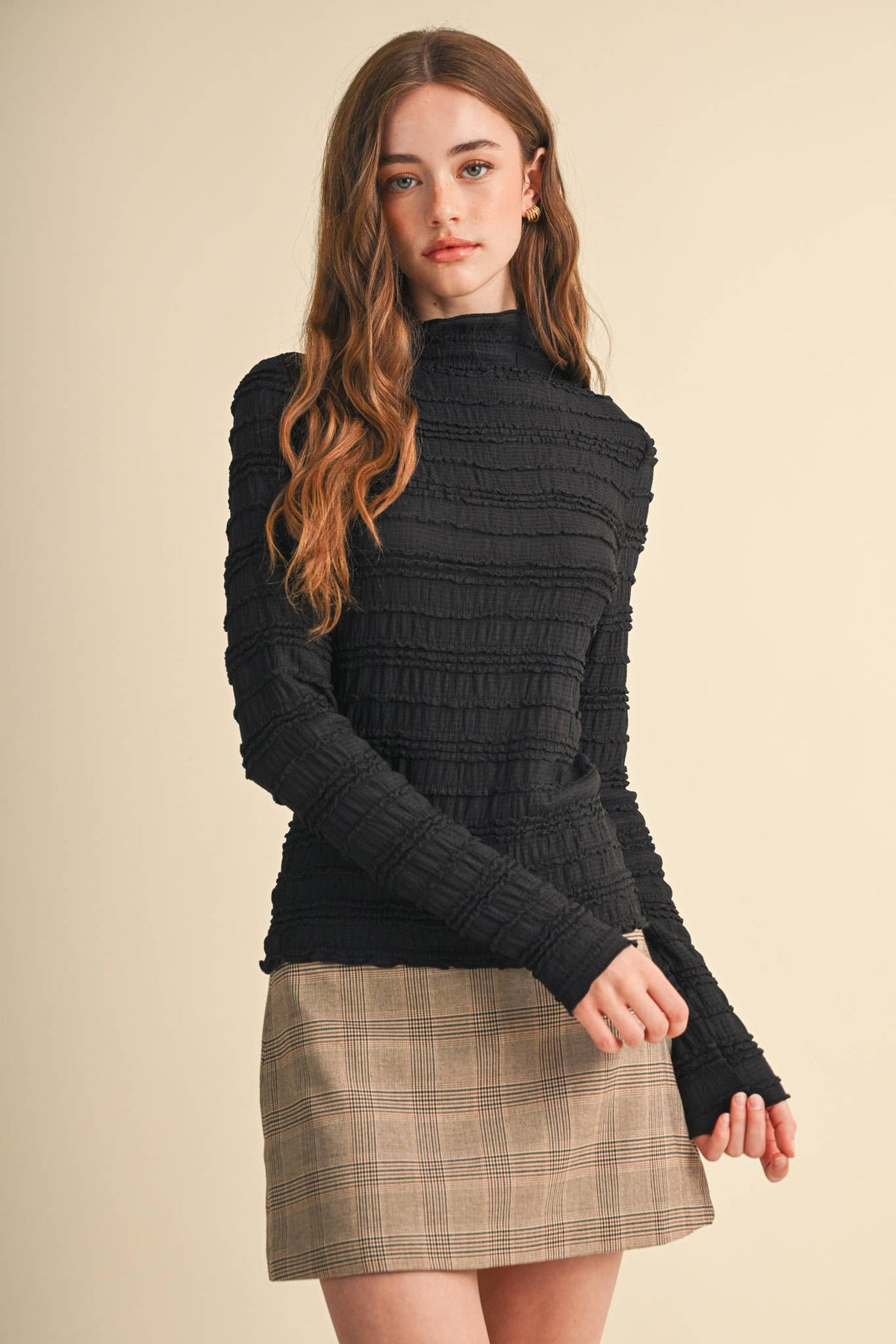 SHIRRED LONG SLEEVE MOCK NECK TOP MTP5407