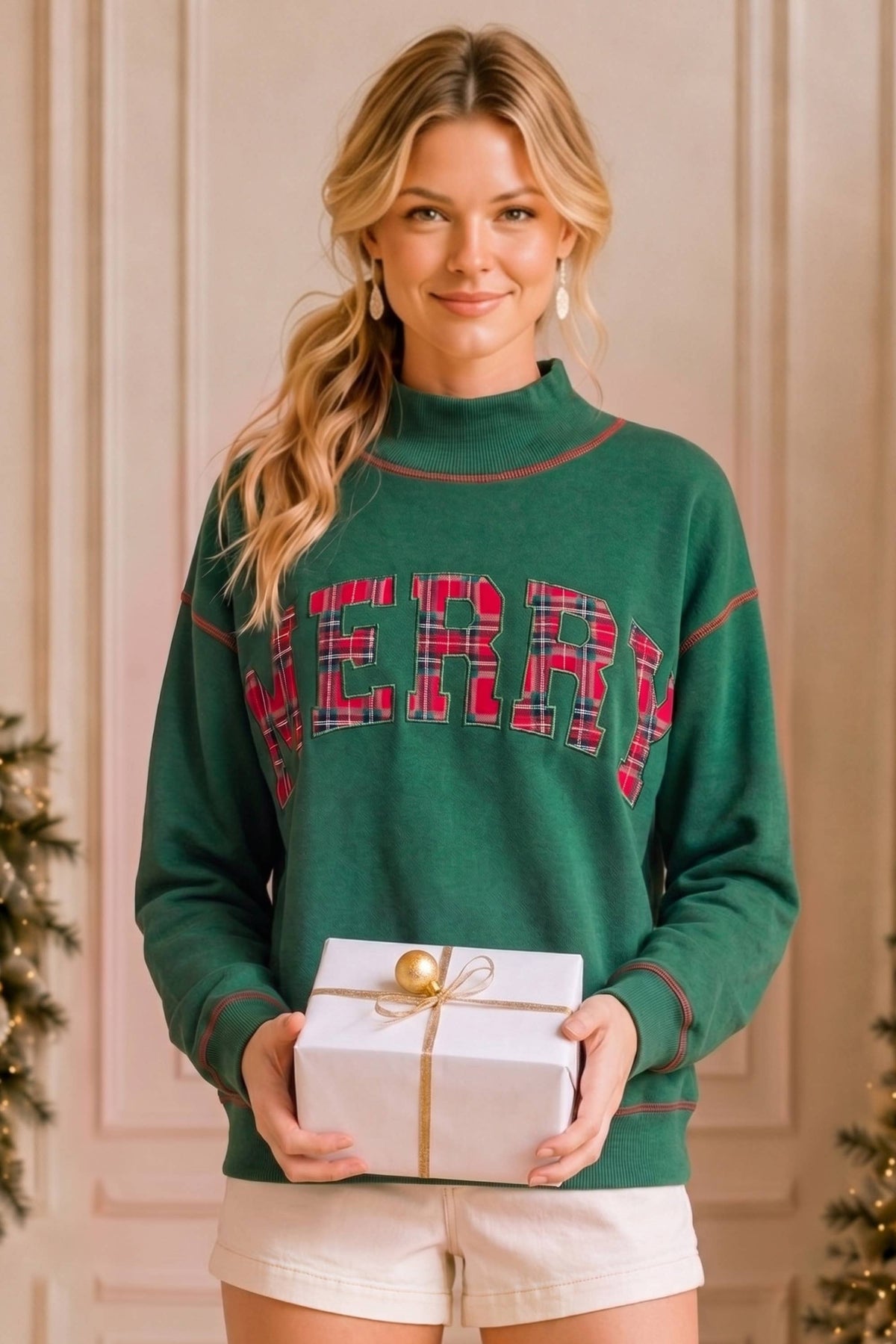 Merry Plaid Patch Holiday Sweatshirt