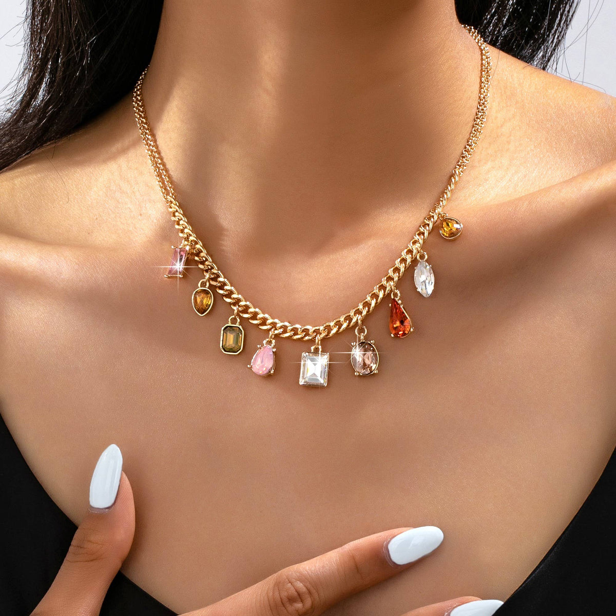 Multi-Shape Earth Tone Crystal Charm Necklace | 80N93404